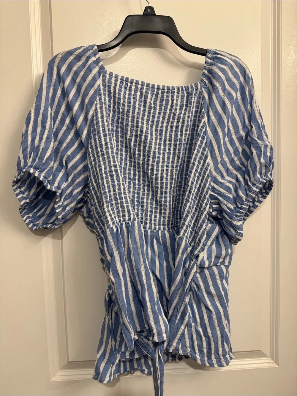 Old Navy Blue & White Striped Puff Sleeve Wrap Blouse
